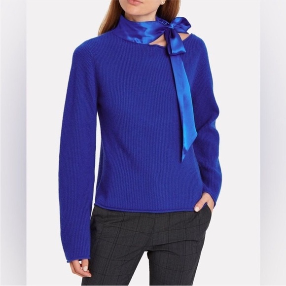 RtA Millie Tie Neck Sweater 100% Cashmere Silk Royal Blue Small Scarf Cut Out - Picture 1 of 15